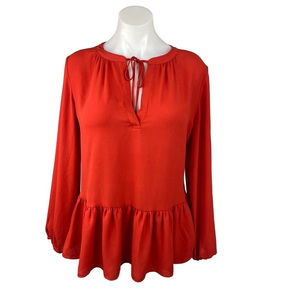 Ann Taylor LOFT Red Tie Neck Long Sleeve Career Flounce Peplum Blouse Top Size S